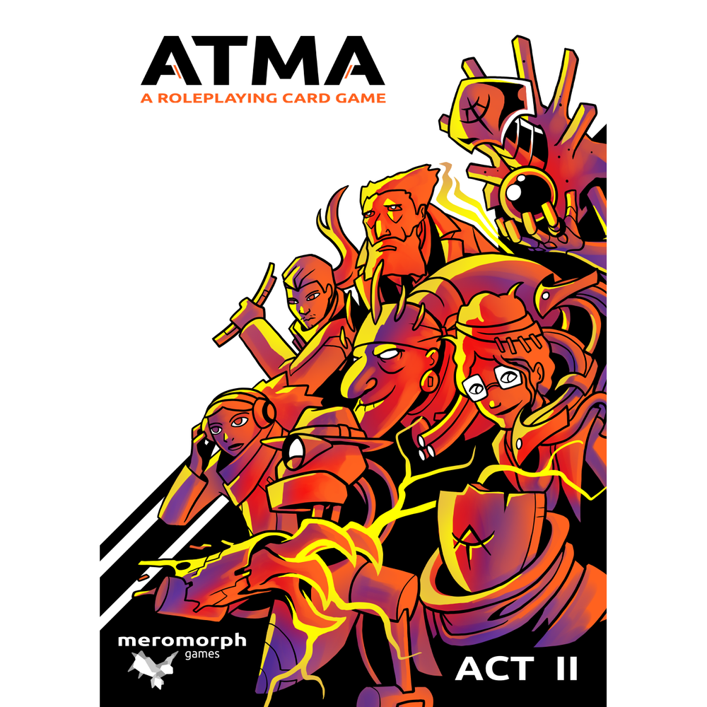 ATMA A Roleplaying Card Game Act II cover art featuring a diverse group of characters in vibrant orange and purple hues against a white background