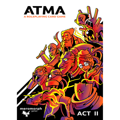 ATMA A Roleplaying Card Game Act II cover art featuring a diverse group of characters in vibrant orange and purple hues against a white background