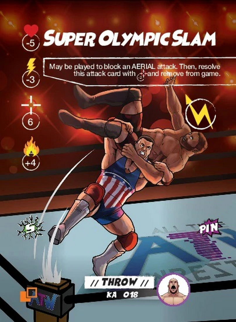 Game card &quot;Super Olympic Slam&quot; showing a wrestler in a flag singlet slamming an opponent in a wrestling ring