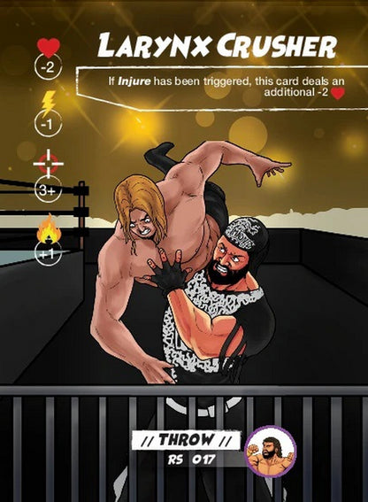 Wrestling card for "Larynx Crusher" depicting a bearded wrestler lifting a blonde opponent for a throw move