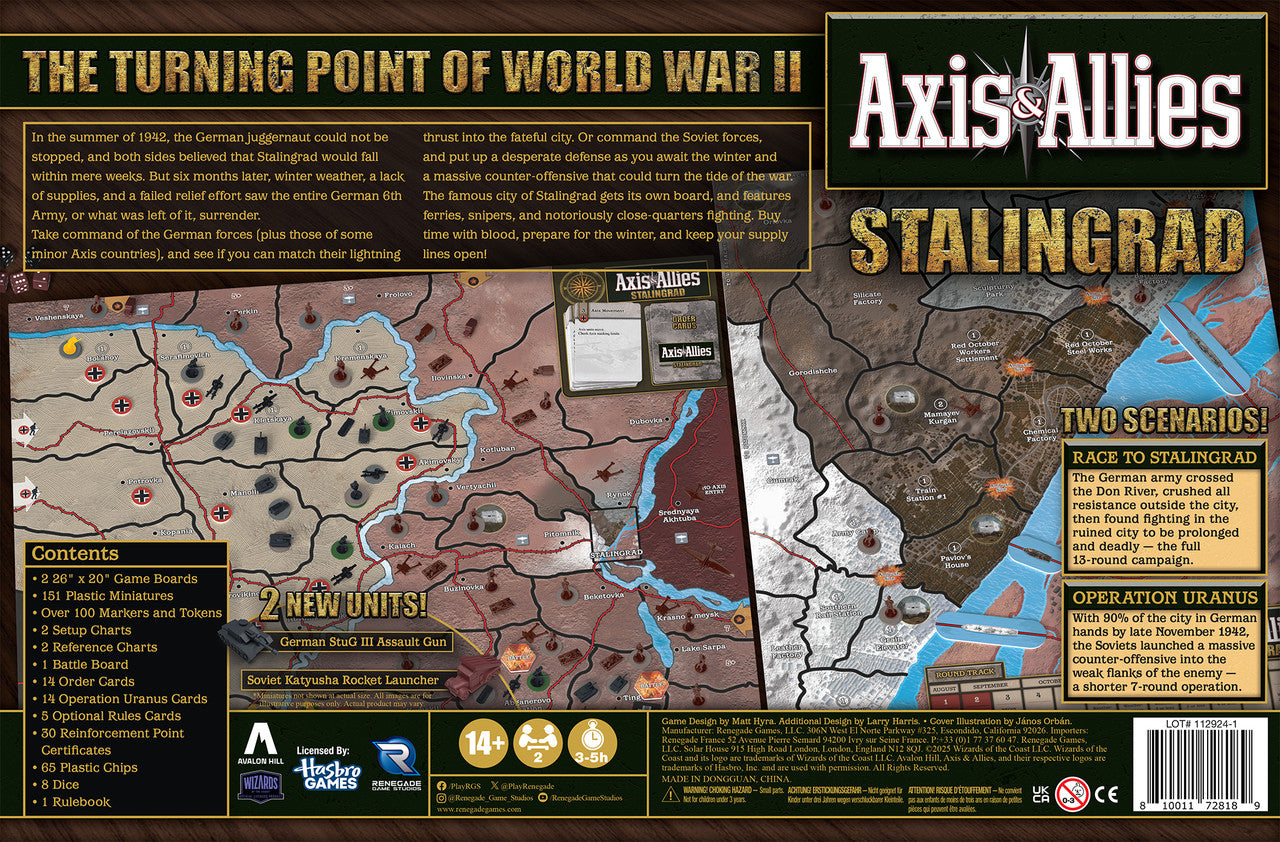 Axis & Allies Stalingrad board game map layout with military units, historical text, and game contents listed
