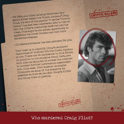 An aged case document for the Cryptic Killers Murder in Miami game detailing the 1985 Craig Flint case and displaying his photo circled in red