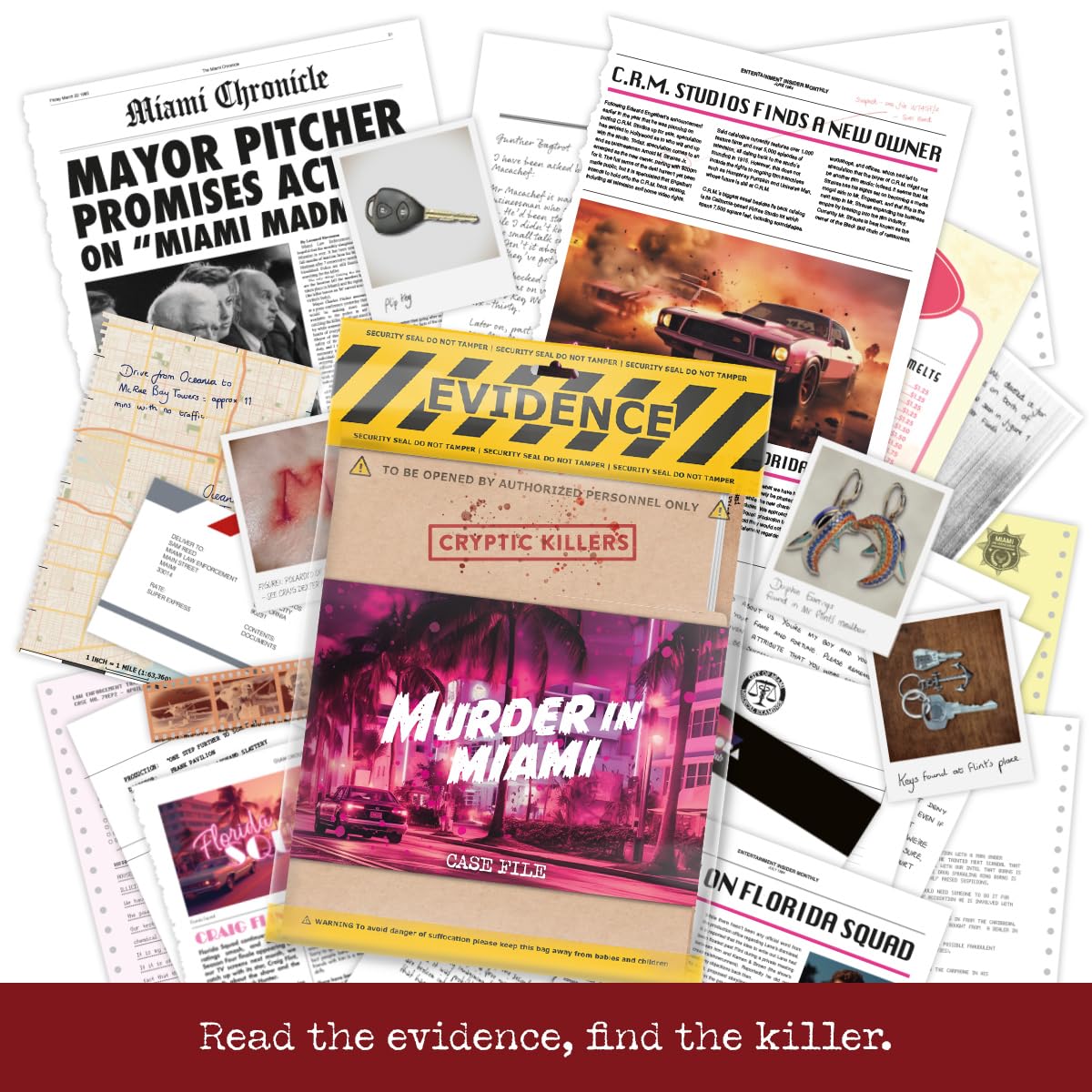 The Cryptic Killers Murder in Miami cold case game contents are scattered, showcasing the EVIDENCE folder, newspaper clippings, photos of keys, and a map