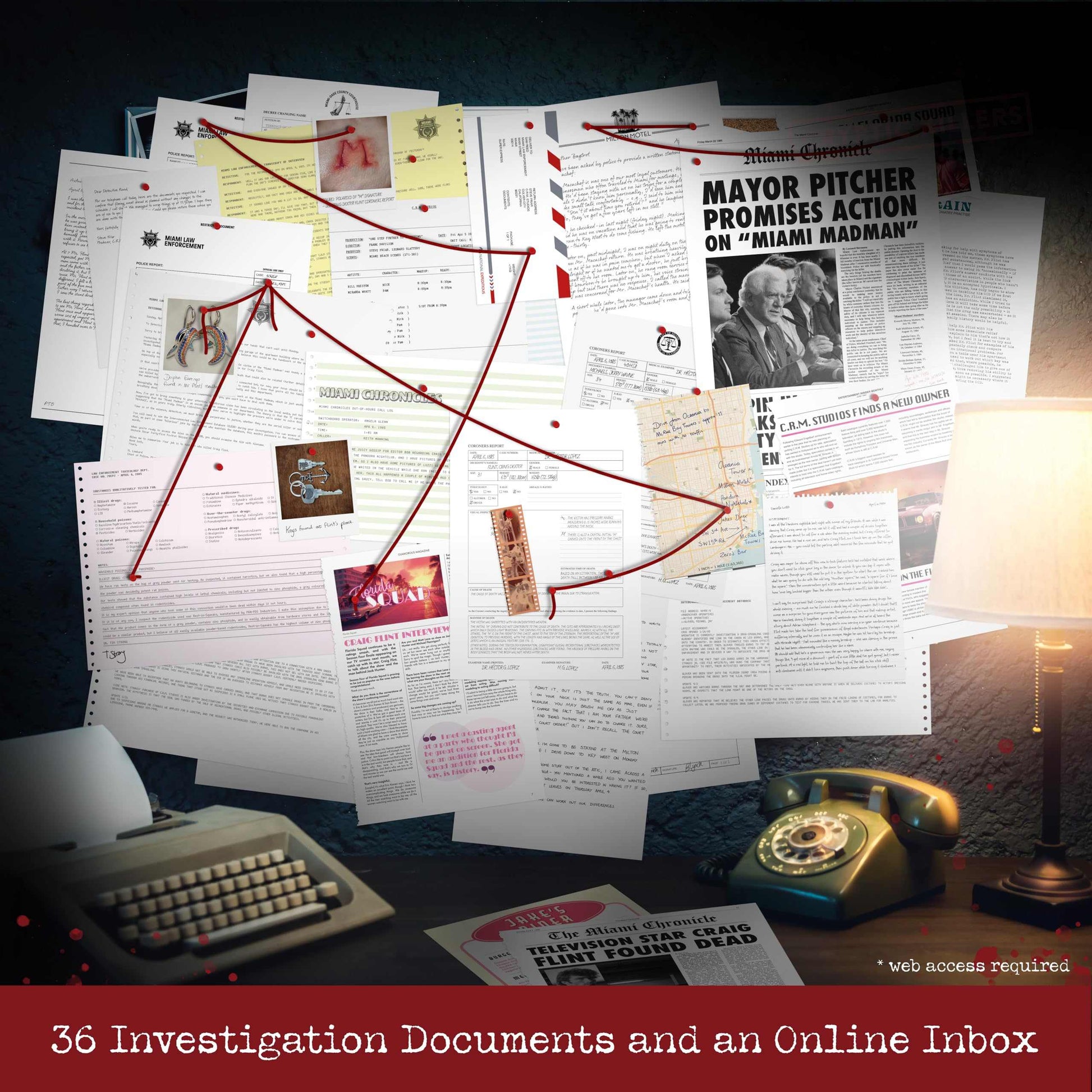 A collection of 36 investigative documents, including newspaper headlines and crime scene photos, linked by red string on a dark desk with a vintage rotary phone