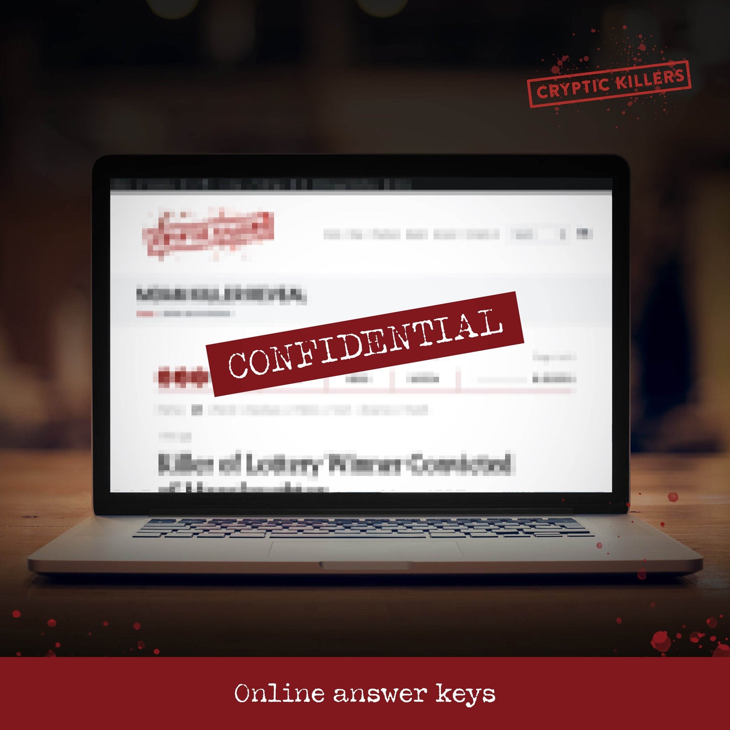 A laptop displays a redacted file stamped "CONFIDENTIAL" advertising the "Cryptic Killers" online answer keys