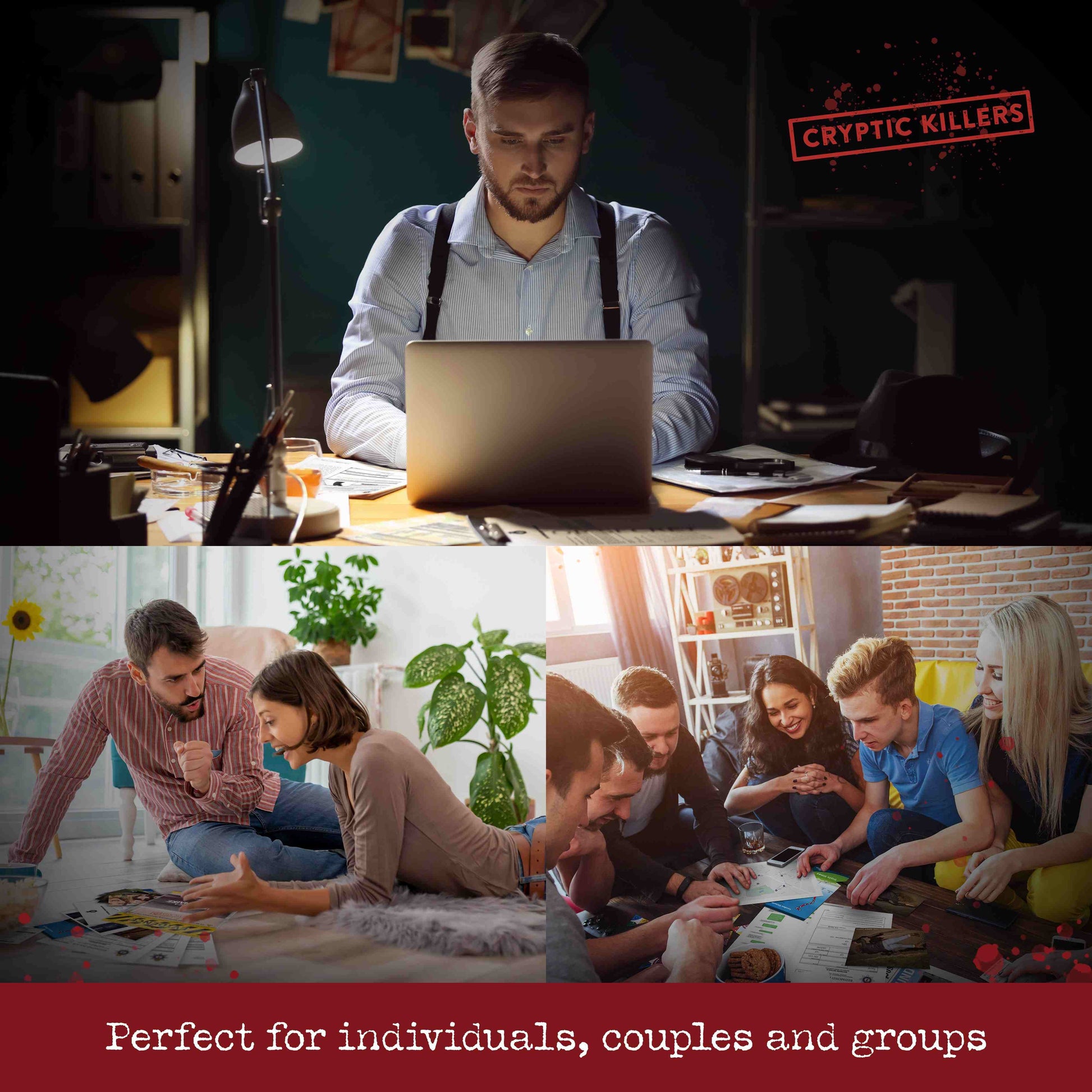 A collage demonstrating the Cryptic Killers murder mystery game is perfect for solo investigators, couples, and groups working together to solve the case