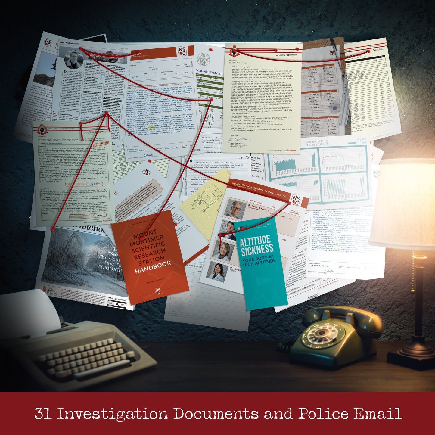 A dramatic shot of the Cryptic Killers Murder on Mount Mortimer case file documents laid out with red thread connecting reports, next to a vintage typewriter and green rotary phone