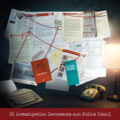 A dramatic shot of the Cryptic Killers Murder on Mount Mortimer case file documents laid out with red thread connecting reports, next to a vintage typewriter and green rotary phone