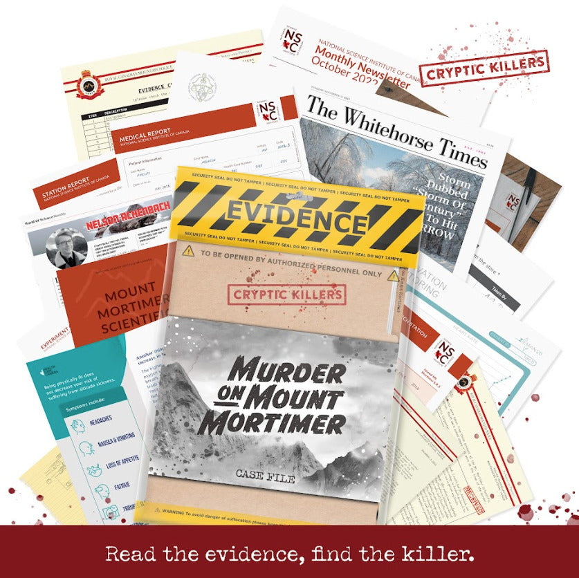A forensic view of the Cryptic Killers Murder on Mount Mortimer Case File, displaying the evidence envelope, medical reports, and newspaper clippings