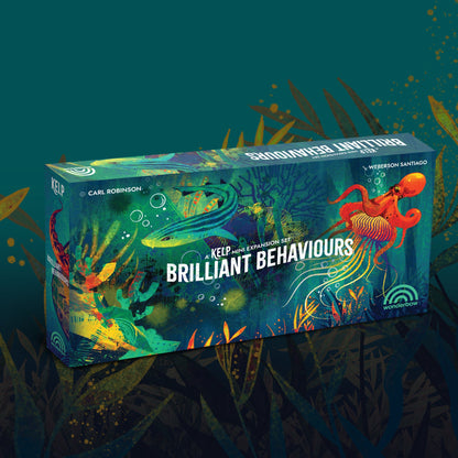 Kelp Brilliant Behaviours expansion board game box, vibrant art of a striped shark and orange octopus in an underwater kelp forest