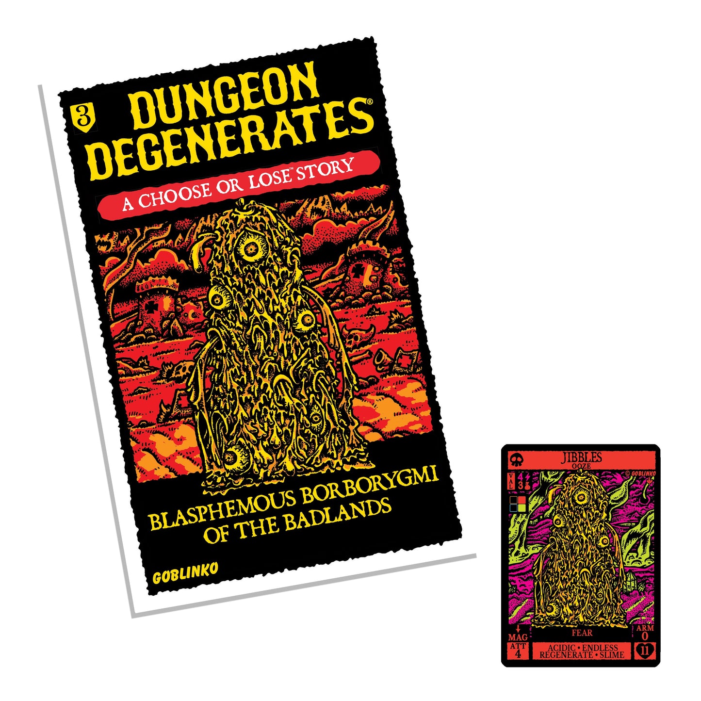 Dungeon Degenerates Choose or Lose Story Book 3 Blasphemous Borborygmi of the Badlands featuring a yellow ooze creature on the cover with an accompanying Jibbles ooze monster game card