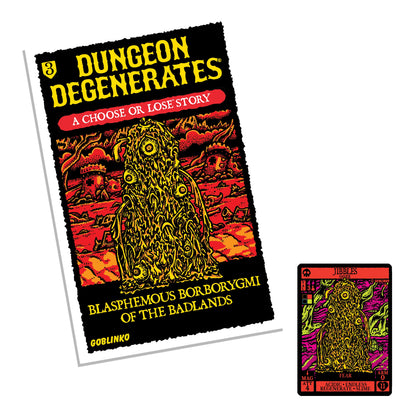 Dungeon Degenerates Choose or Lose Story Book 3 Blasphemous Borborygmi of the Badlands featuring a yellow ooze creature on the cover with an accompanying Jibbles ooze monster game card