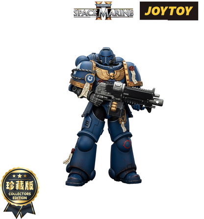 Blue Warhammer Space Marine action figure in power armor, standing and holding a heavy rifle