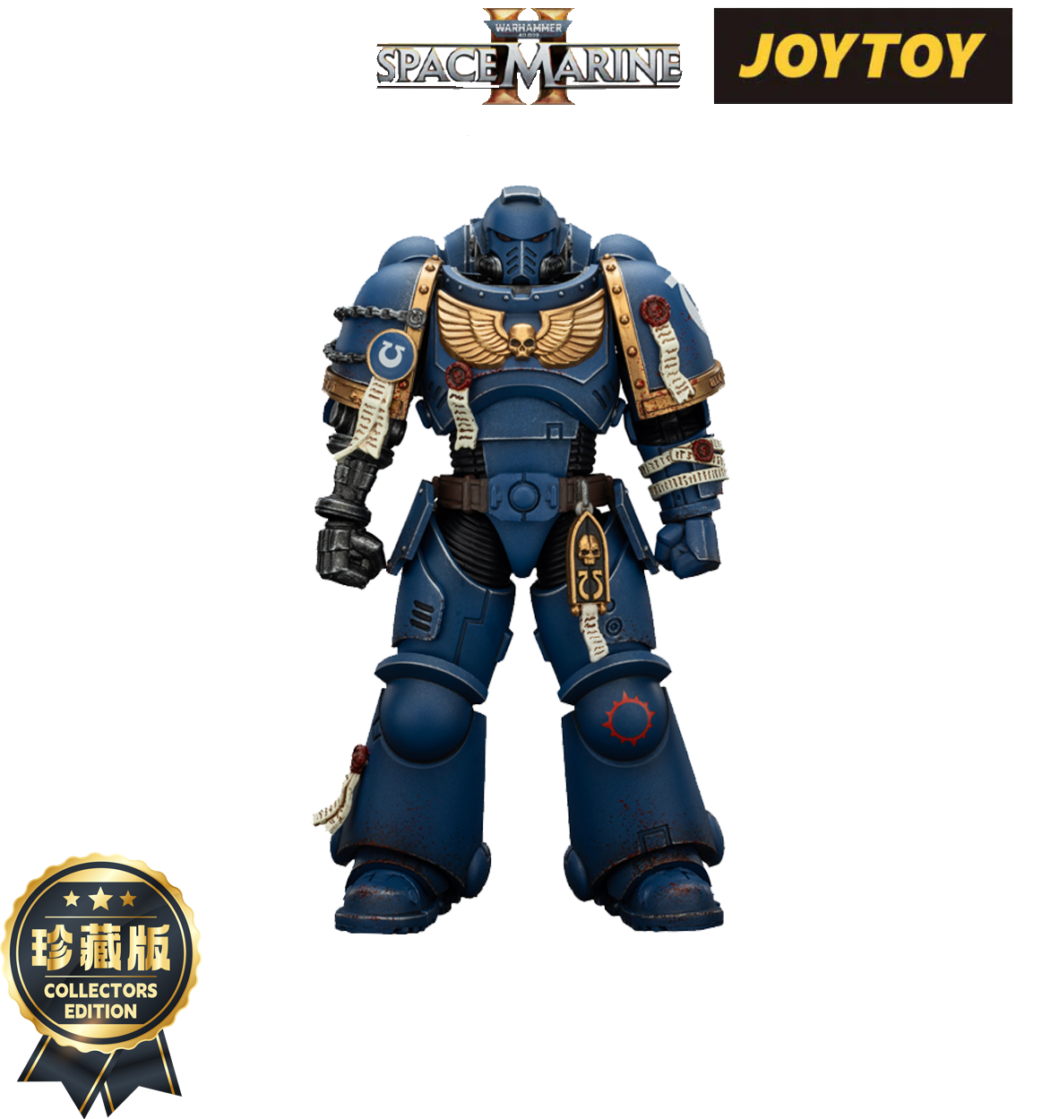 Detailed blue Warhammer Space Marine II action figure standing in ornate armor with golden trim and purity seals