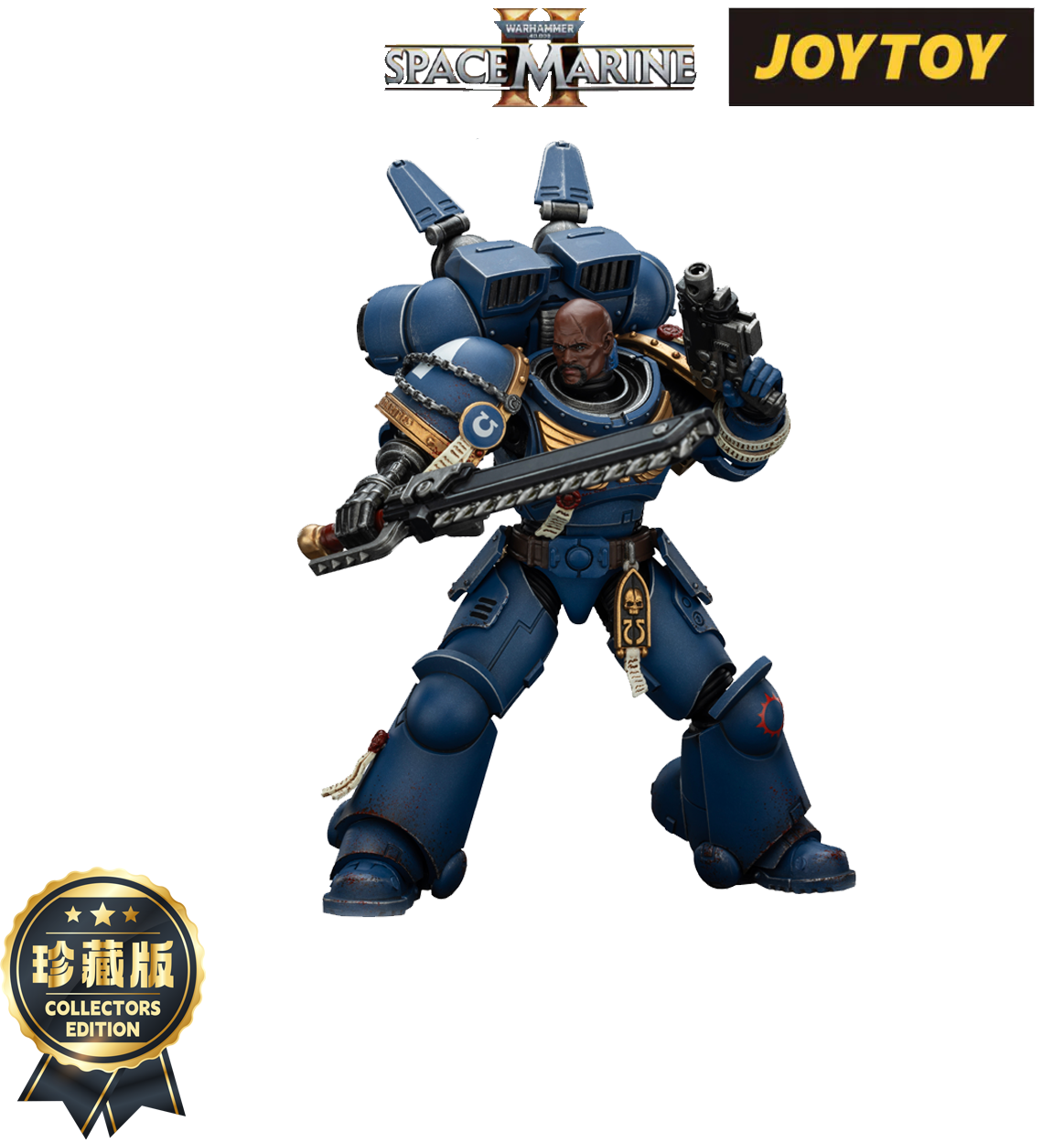 Detailed action figure of a blue armored Space Marine wielding a chainsword and bolt pistol