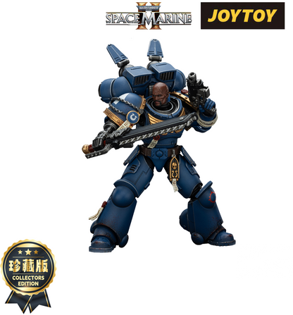Detailed action figure of a blue armored Space Marine wielding a chainsword and bolt pistol