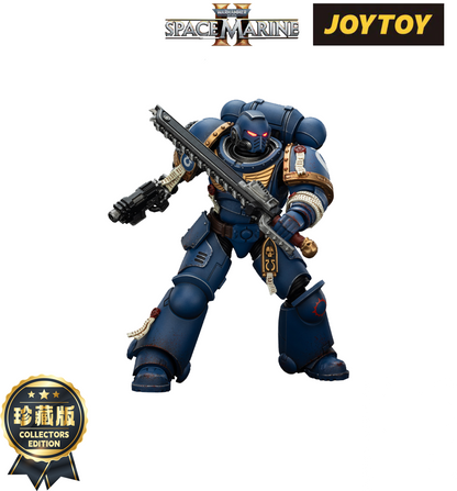 Blue Space Marine action figure in power armor, armed with a chainsword and bolt pistol