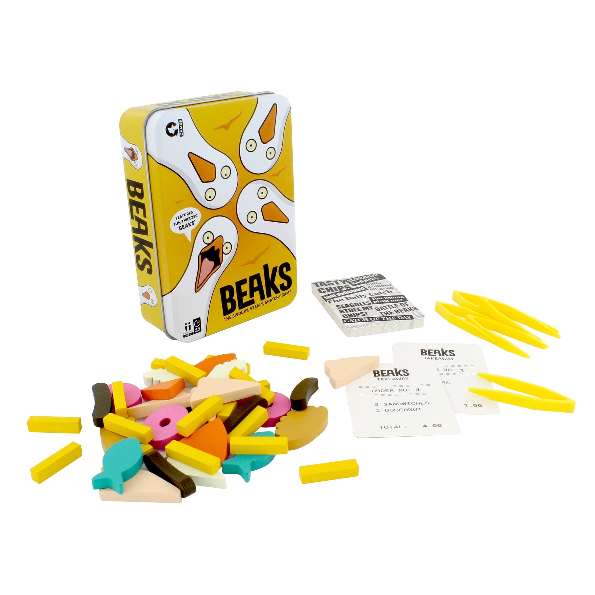 Beaks board game in yellow tin featuring cartoon birds with wooden food pieces Takeaway order cards and plastic tweezers