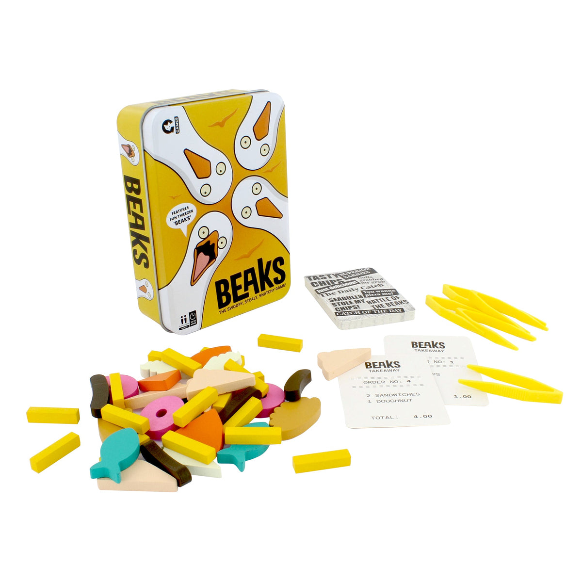 Beaks board game in yellow tin featuring cartoon birds with wooden food pieces Takeaway order cards and plastic tweezers