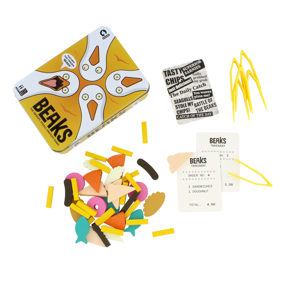 Beaks board game in a tin featuring fun bird tweezed beaks colorful snack game pieces and receipt cards for a swoopy stealy snatchy game