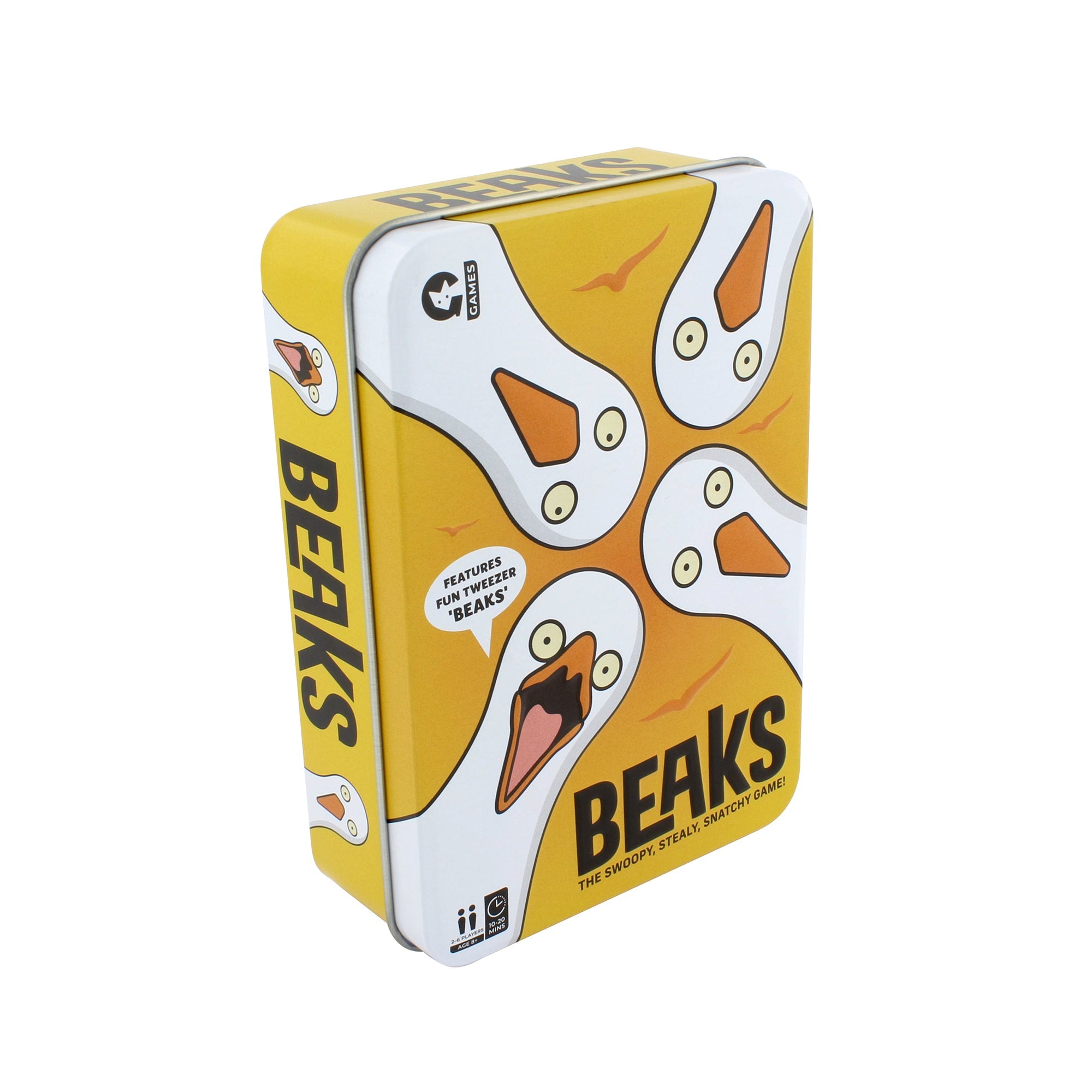 Yellow metal tin for BEAKS card game featuring cartoon geese with prominent beaks indicating 2-6 players ages 8 10-20 mins playtime