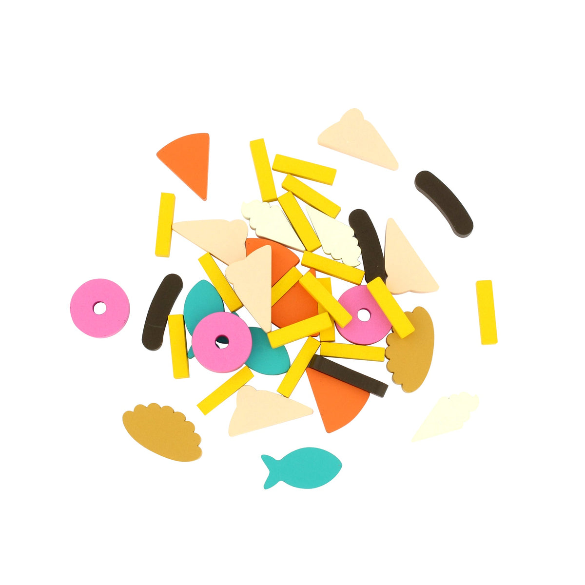Colorful foam puzzle pieces for kids crafts including geometric shapes like triangles rings and bars and fun shapes like ice cream cones fish and scalloped edges