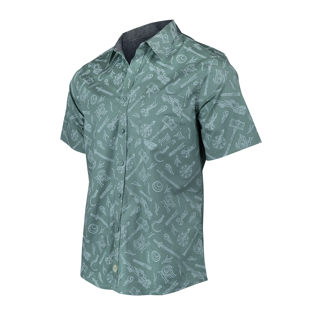 A sage green short-sleeve button-up shirt with an all-over white pattern of fantasy weapons