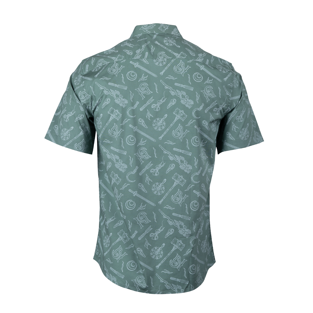 Back of a sage green short-sleeved shirt patterned with white fantasy weapons and symbols