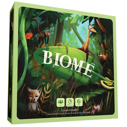 BIOME board game box, Jungle artwork featuring a monkey, giraffe, fox, and snake in lush greenery