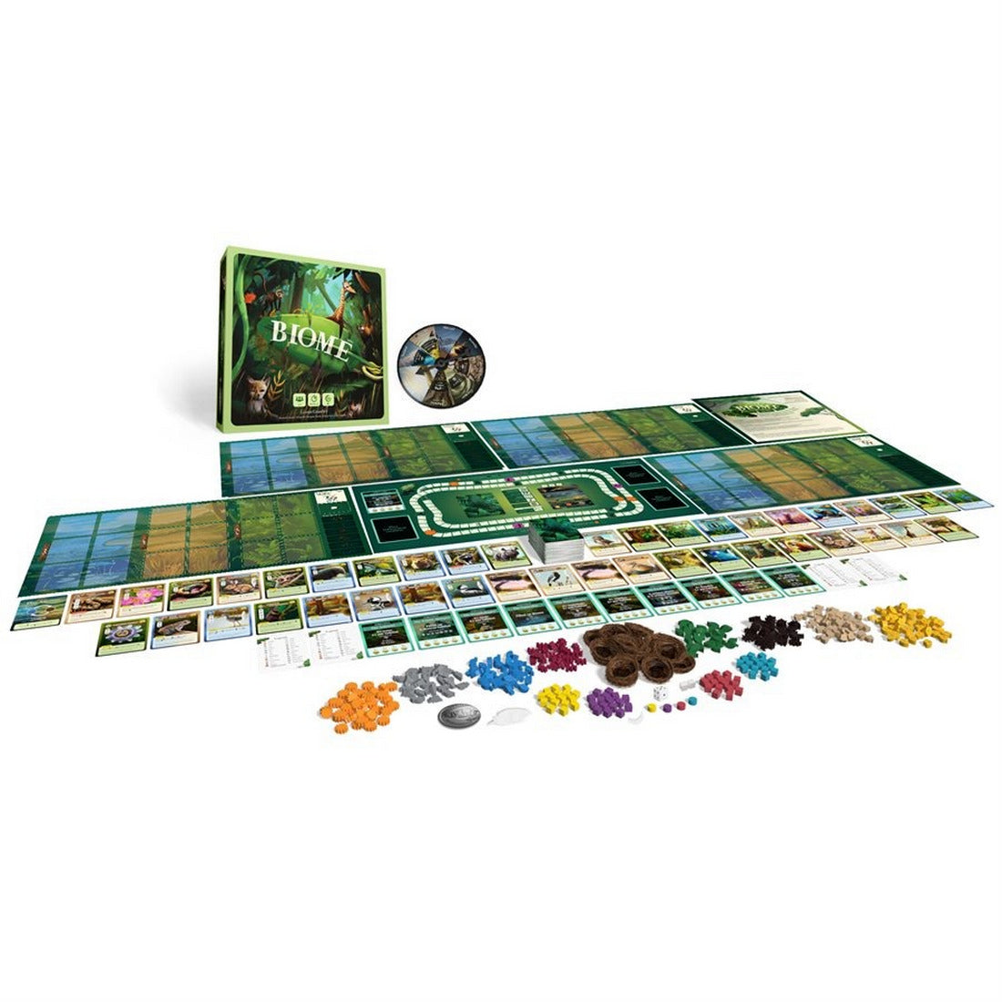 Full layout of the "Biome" board game, showing the box, long game board, cards, and colorful tokens