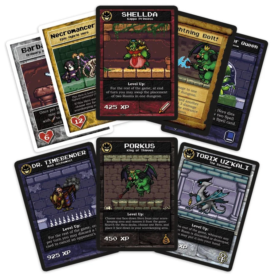 A fan of Boss Monster The Next Level game cards showcasing various pixel art monster and hero characters with visible game statistics and abilities