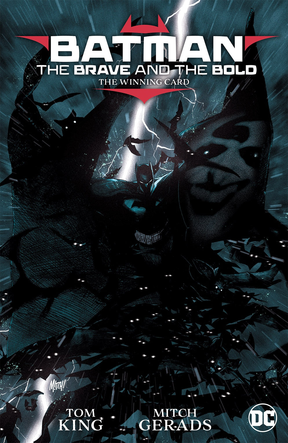 Batman: The Brave and The Bold: The Winning Card cover: Batman stands under lightning, surrounded by a swarm of glowing-eyed bats, while a shadowy Joker face looms
