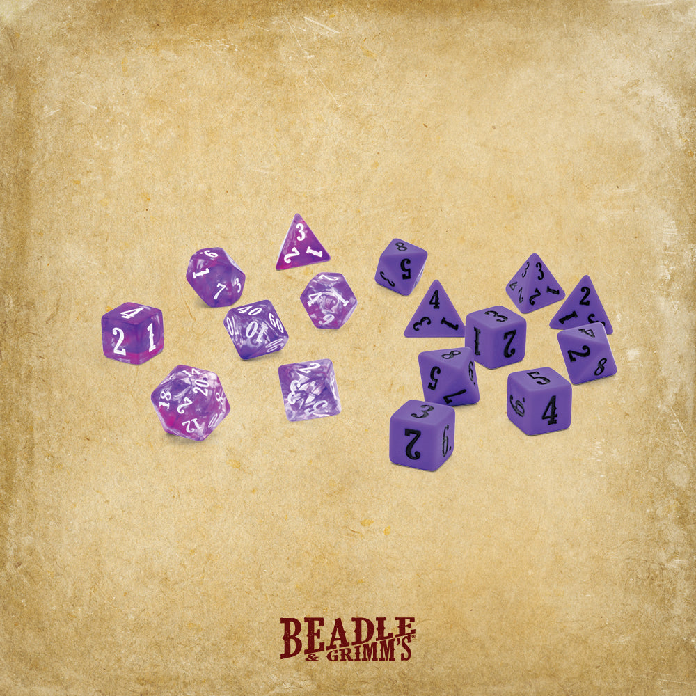 A collection of purple polyhedral dice, some marbled, with white numbers, scattered on a textured brown background