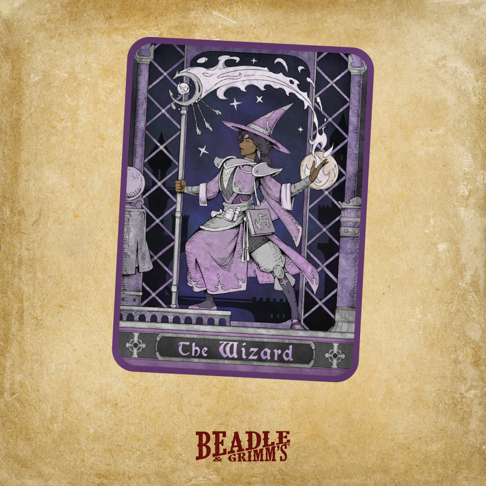 A purple fantasy card, &quot;The Wizard,&quot; depicts a dark-skinned wizard in robes holding a crescent staff and glowing orb