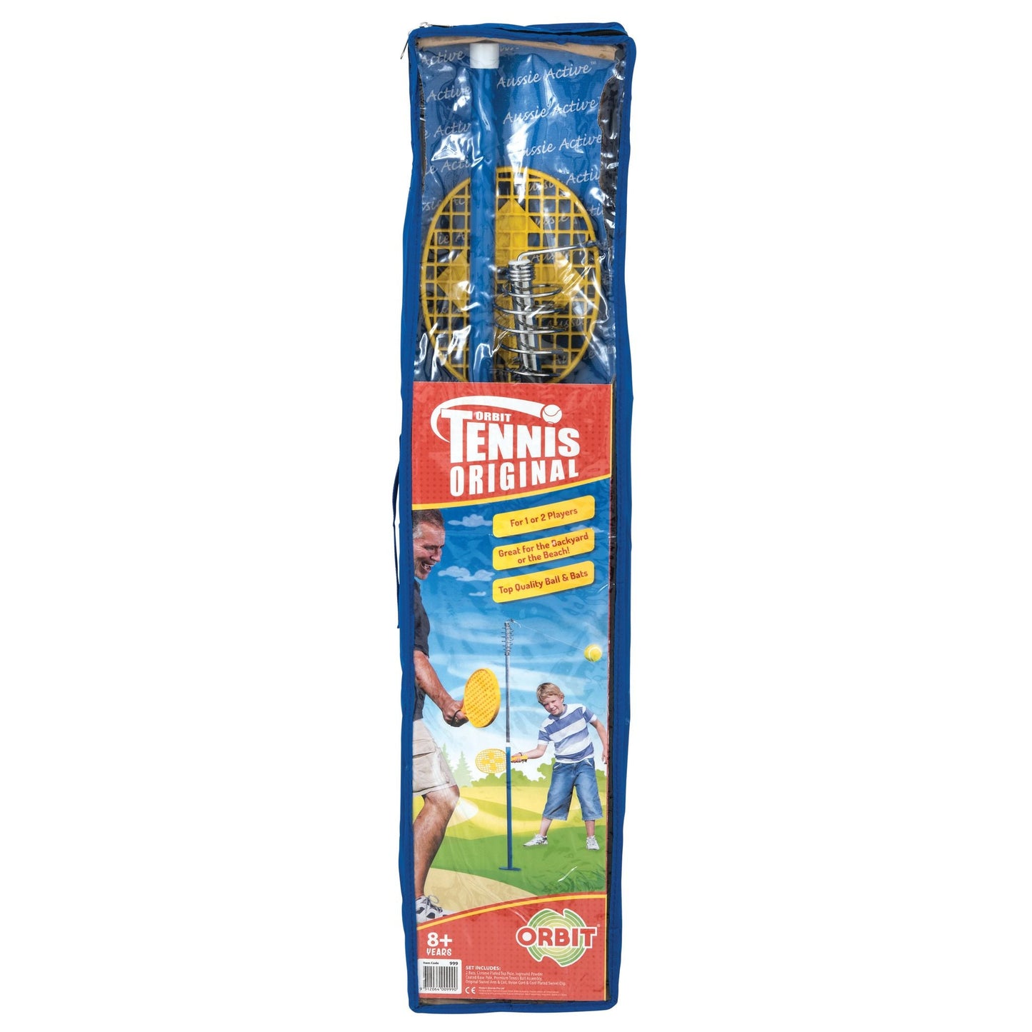 Blue zippered package containing the Orbit Tennis Original tether tennis set, showing yellow paddles and metal coil