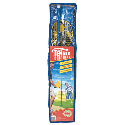 Blue zippered package containing the Orbit Tennis Original tether tennis set, showing yellow paddles and metal coil