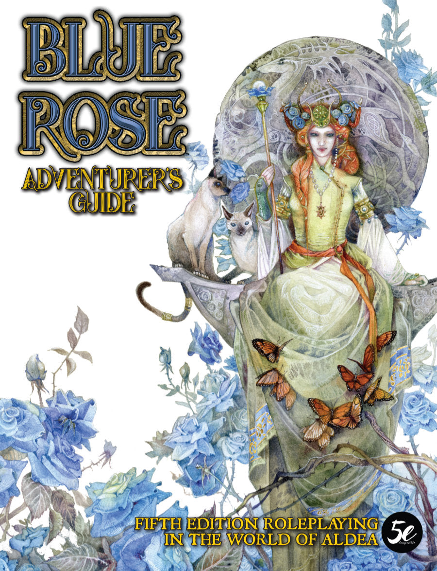 Blue Rose Adventurer's Guide cover: A seated, red-haired woman holds a staff, with cats, butterflies, and blue roses.