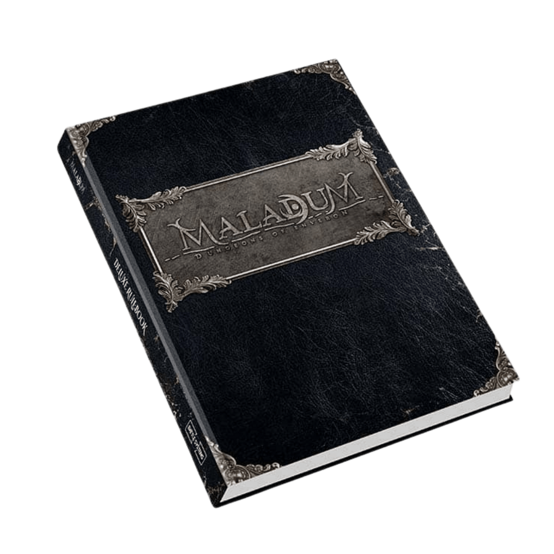 An ornate black Maladum Dungeons of Inveron Deluxe Rulebook with silver metal details on the cover and spine.