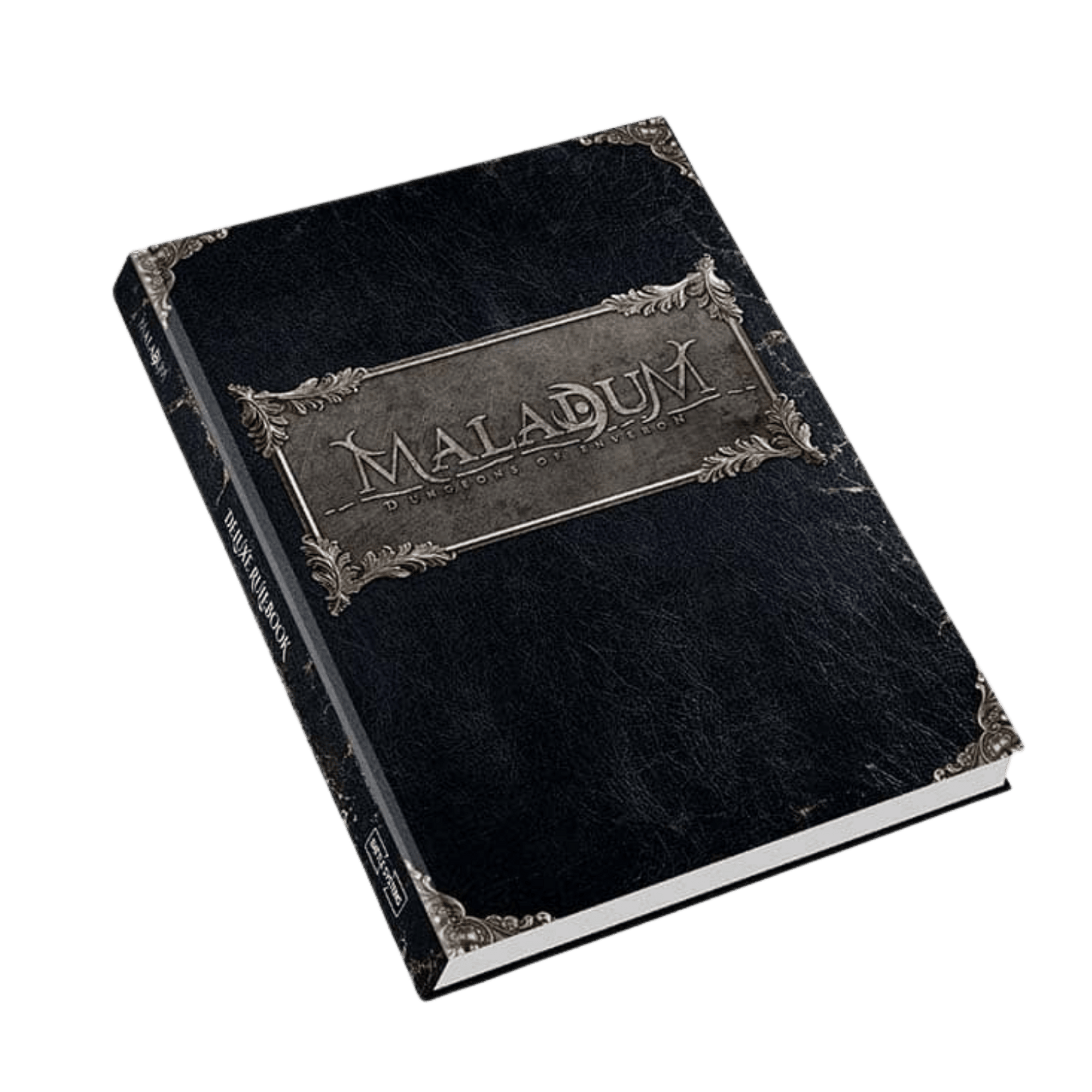 An ornate black Maladum Dungeons of Inveron Deluxe Rulebook with silver metal details on the cover and spine.