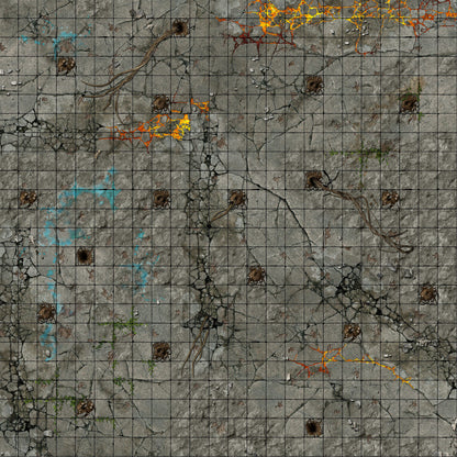 A gridded battle map of a cracked concrete floor with glowing orange fissures, dark holes, roots, and blue graffiti.