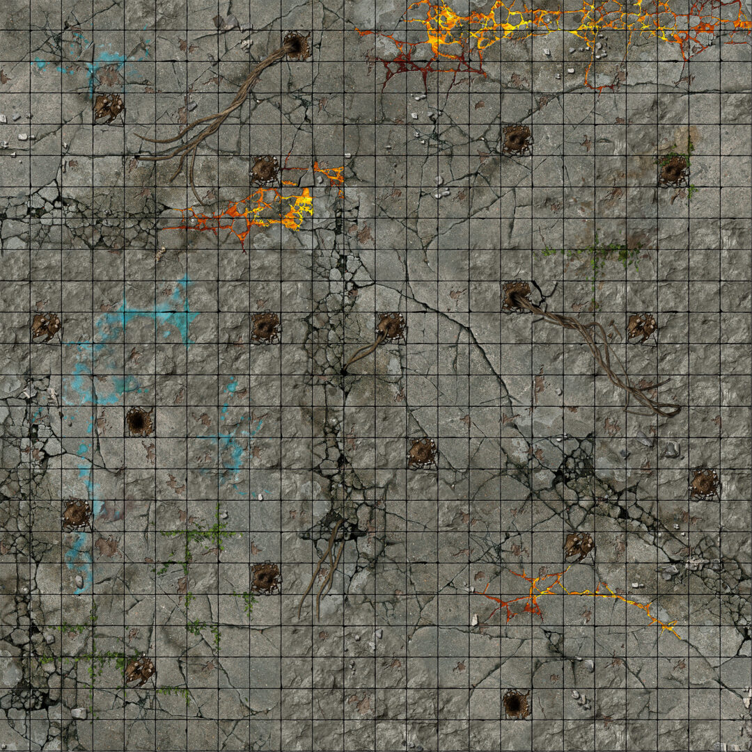 A gridded battle map of a cracked concrete floor with glowing orange fissures, dark holes, roots, and blue graffiti.
