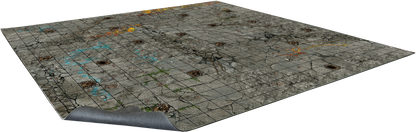 Cracked concrete battle map with a grid, holes, blue graffiti, and glowing orange cracks. A corner is slightly rolled up.