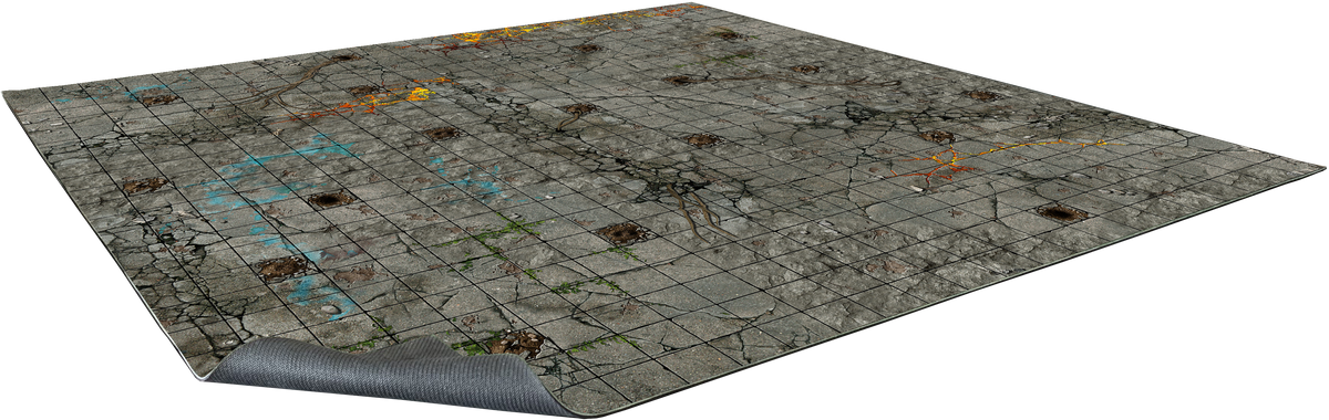 Cracked concrete battle map with a grid, holes, blue graffiti, and glowing orange cracks. A corner is slightly rolled up.