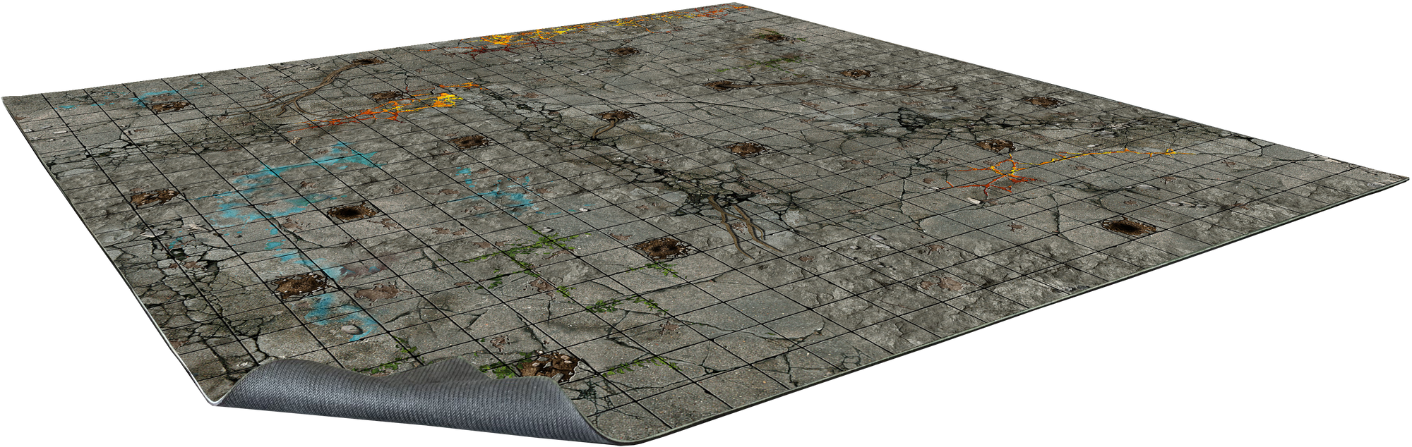 Cracked concrete battle map with a grid, holes, blue graffiti, and glowing orange cracks. A corner is slightly rolled up.
