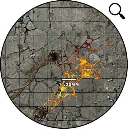 Circular game map: Cracked stone floor with a rope emerging from a hole, and glowing orange lava flowing through fissures.
