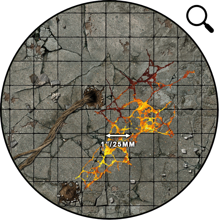 Circular game map: Cracked stone floor with a rope emerging from a hole, and glowing orange lava flowing through fissures.