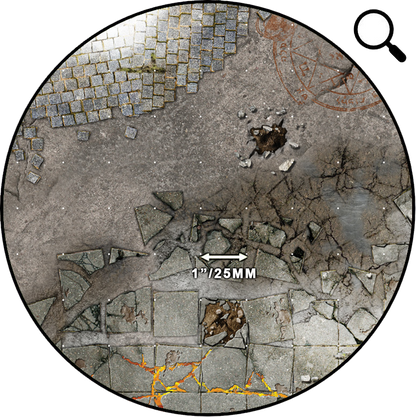 Circular close-up of a game map: cracked street, glowing lava cracks, a hole, and a 1"/25mm scale.