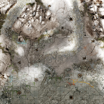 Top-down battle map of an ancient, cracked stone ruin with cobblestone paths, pits, rocky terrain, and a glowing lava crack.