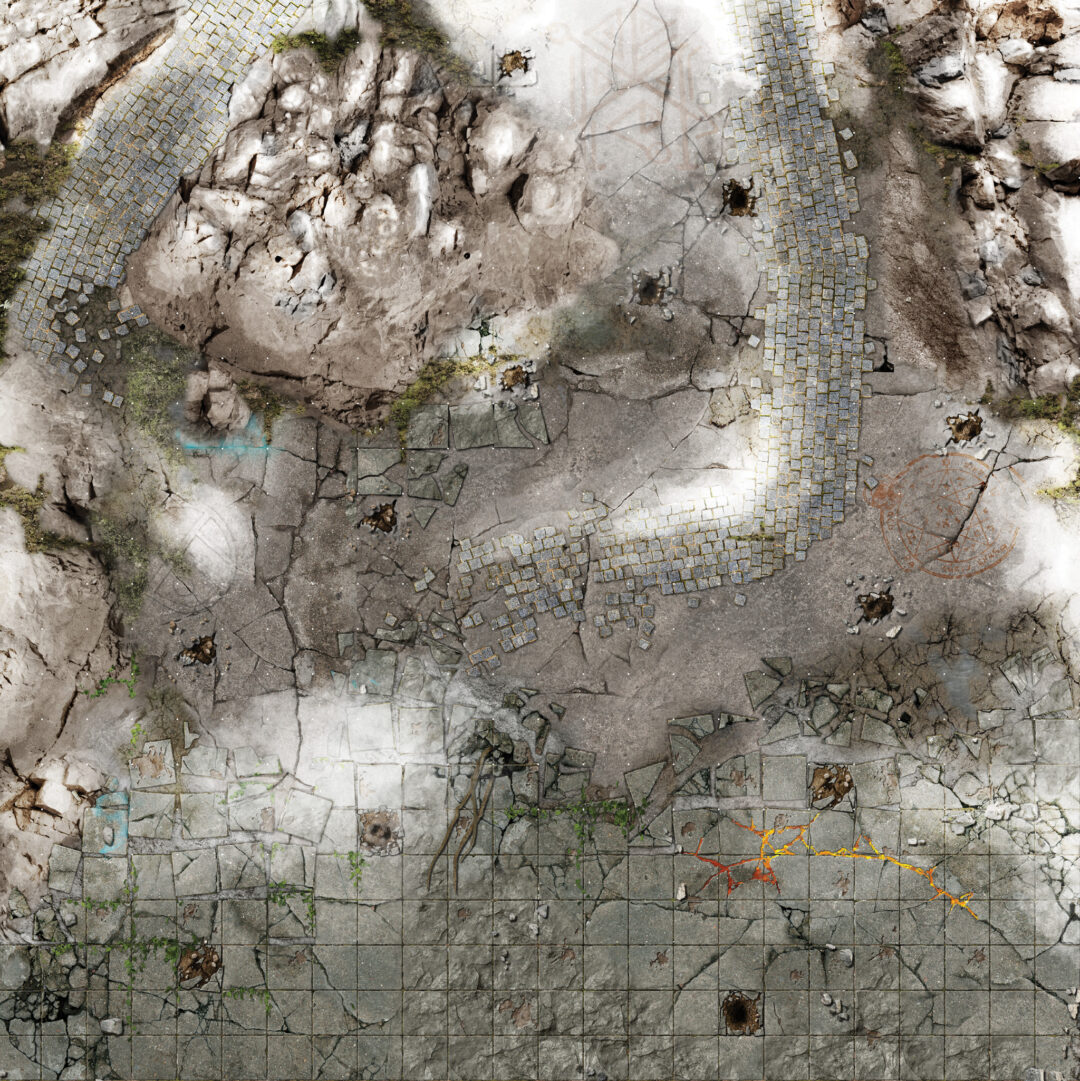 Top-down battle map of an ancient, cracked stone ruin with cobblestone paths, pits, rocky terrain, and a glowing lava crack.