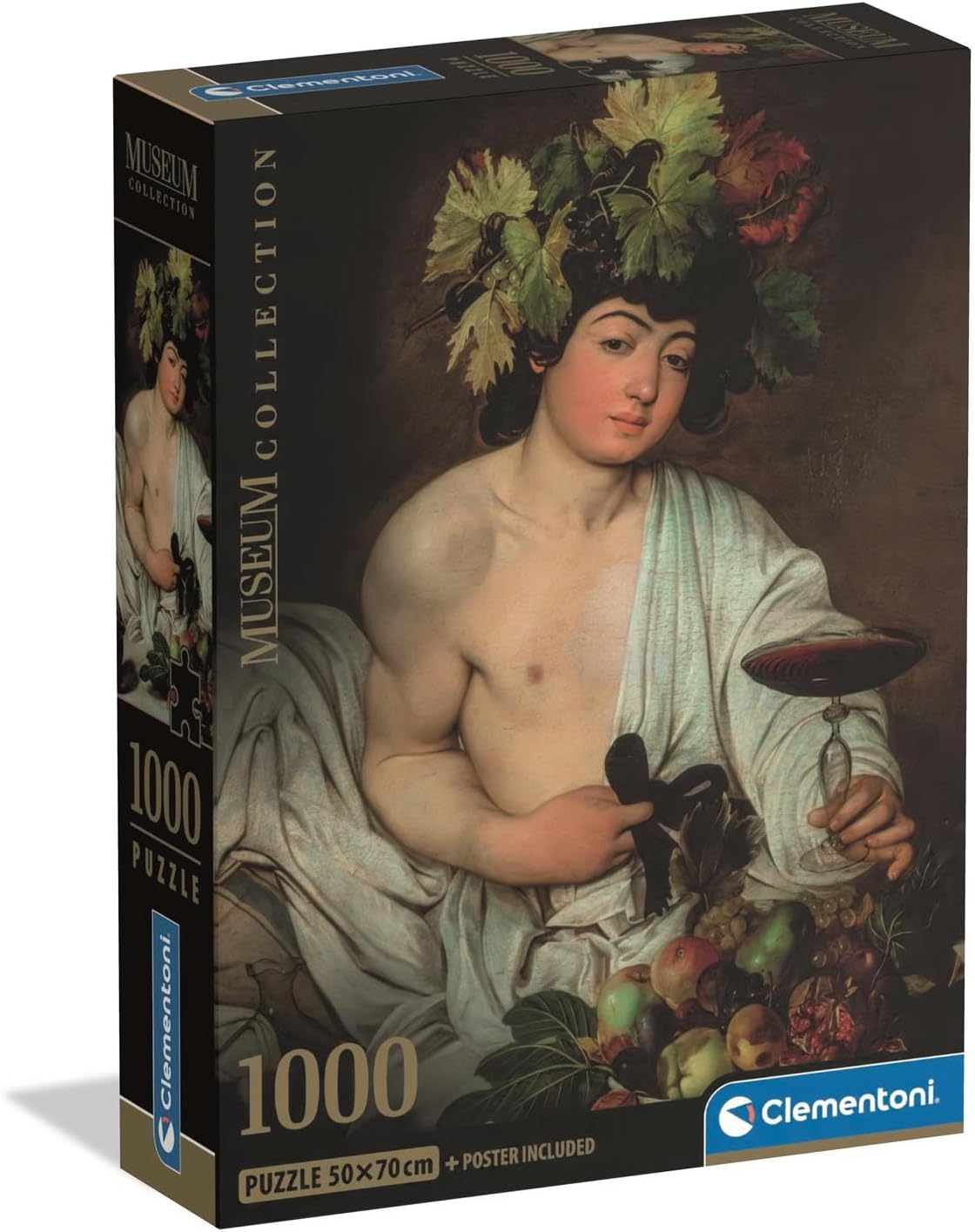 Clementoni Museum Collection 1000-piece jigsaw puzzle box featuring a painting of a young man crowned, holding wine and surrounded by fruit